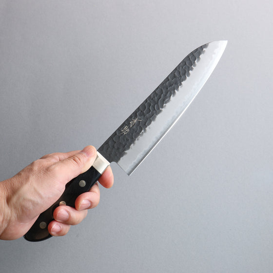 Seisuke Blue Super Hammered Black Finished Santoku  180mm Black Pakka wood Handle - Seisuke Knife