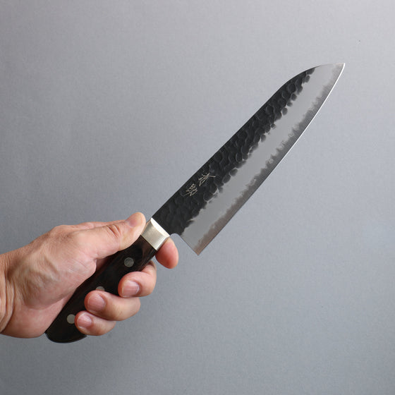 Seisuke Blue Super Hammered Black Finished Santoku  180mm Brown Pakka wood Handle - Seisuke Knife