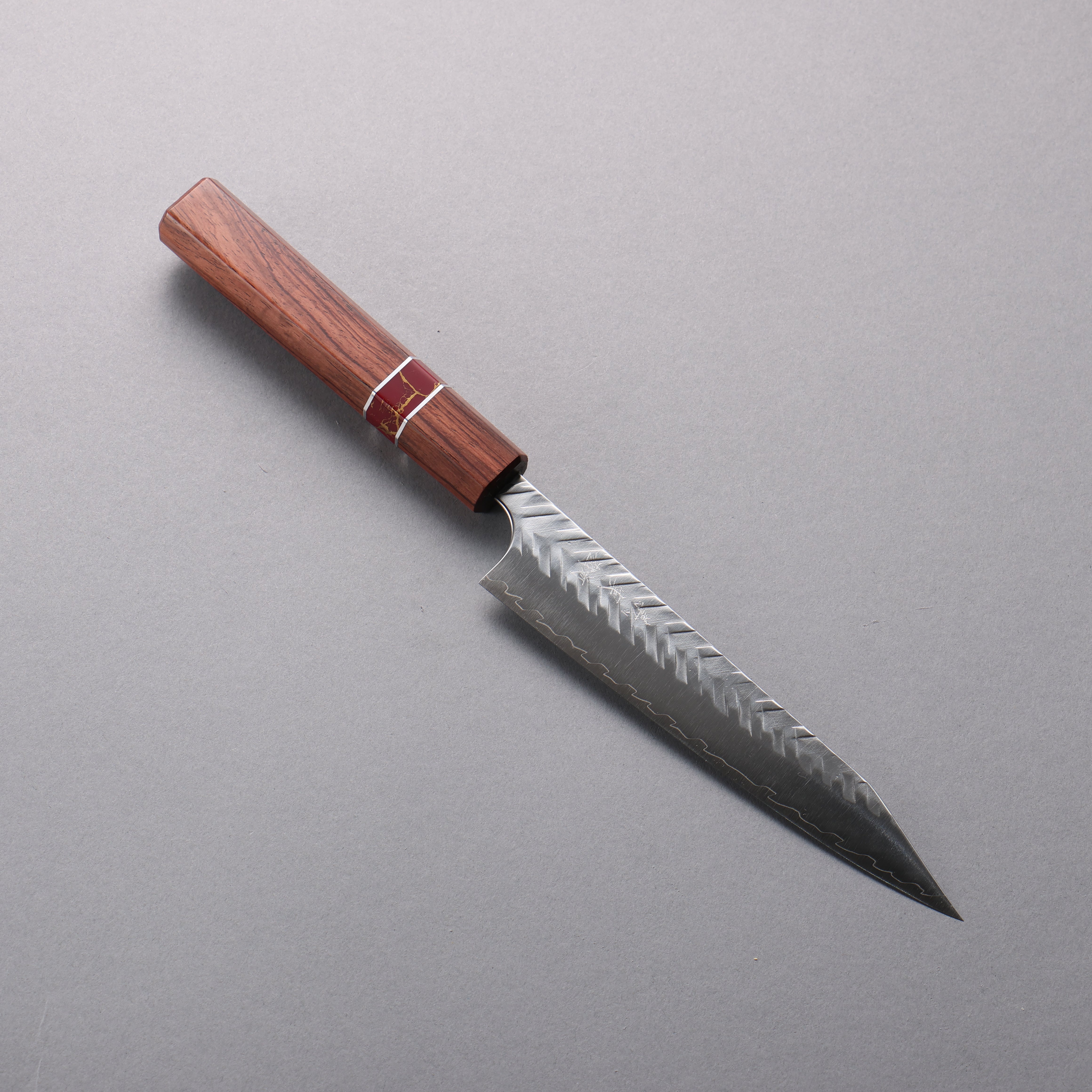 Yoshimi Kato SPG STRIX Hammered (V) Kiritsuke Petty-Utility  150mm Rosewood (Red Turquoise Ring) Handle - Seisuke Knife