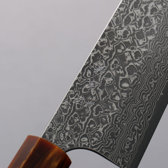 Yoshimi Kato VG10 Black Damascus Kiritsuke Gyuto  210mm Ebony (ferrule: Orange Resin) Handle - Seisuke Knife