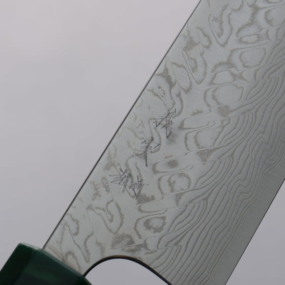 Yoshimi Kato SG2 Damascus Migaki Finished Santoku  170mm Olive Tree and Green Resin Handle - Seisuke Knife