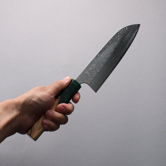 Yoshimi Kato SG2 Damascus Migaki Finished Santoku  170mm Olive Tree and Green Resin Handle - Seisuke Knife