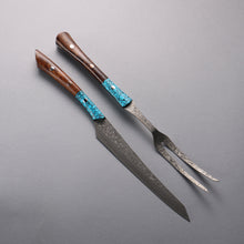  Yuma Oba VG10 Damascus Carving Knife & Fork Set  200mm Ironwood & turquoise Handle - Seisuke Knife