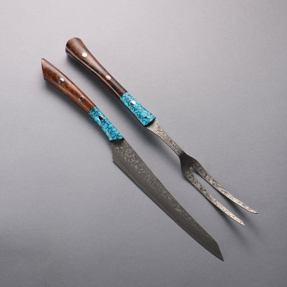 Yuma Oba VG10 Damascus Carving Knife & Fork Set  200mm Ironwood & turquoise Handle - Seisuke Knife