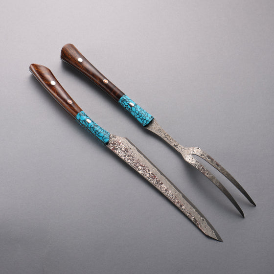 Yuma Oba VG10 Damascus Carving Knife & Fork Set  200mm Ironwood & turquoise Handle - Seisuke Knife