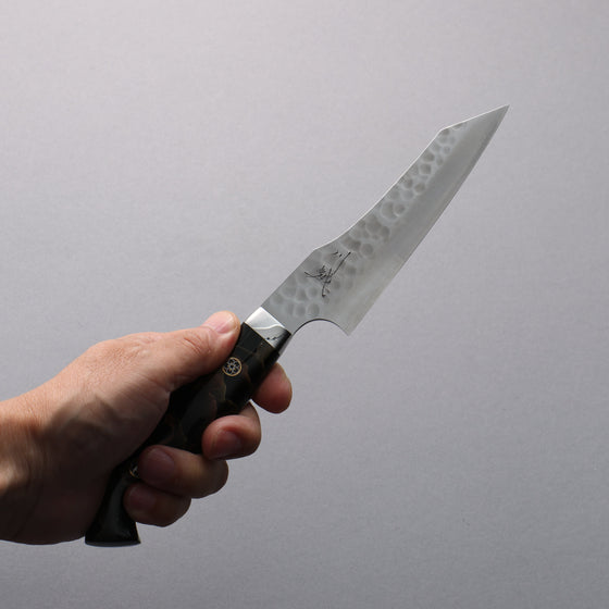 Yuto Kawagoe VG10 Hammered Migaki Finished Kiritsuke Petty-Utility  125mm Brown Acrylic Handle - Seisuke Knife