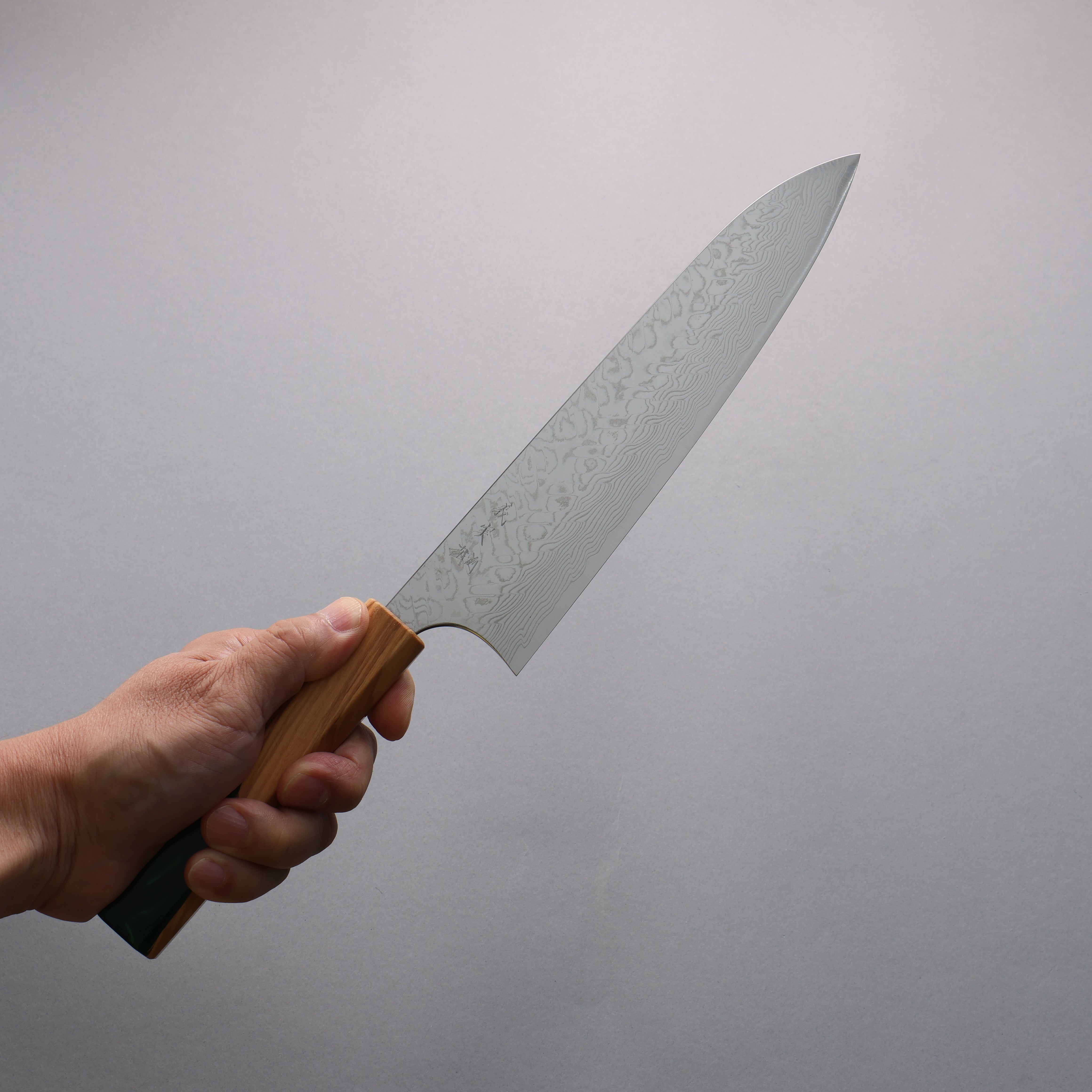 Yoshimi Kato SG2 Damascus Migaki Finished Gyuto  210mm Olive Tree and Green Resin Handle - Seisuke Knife