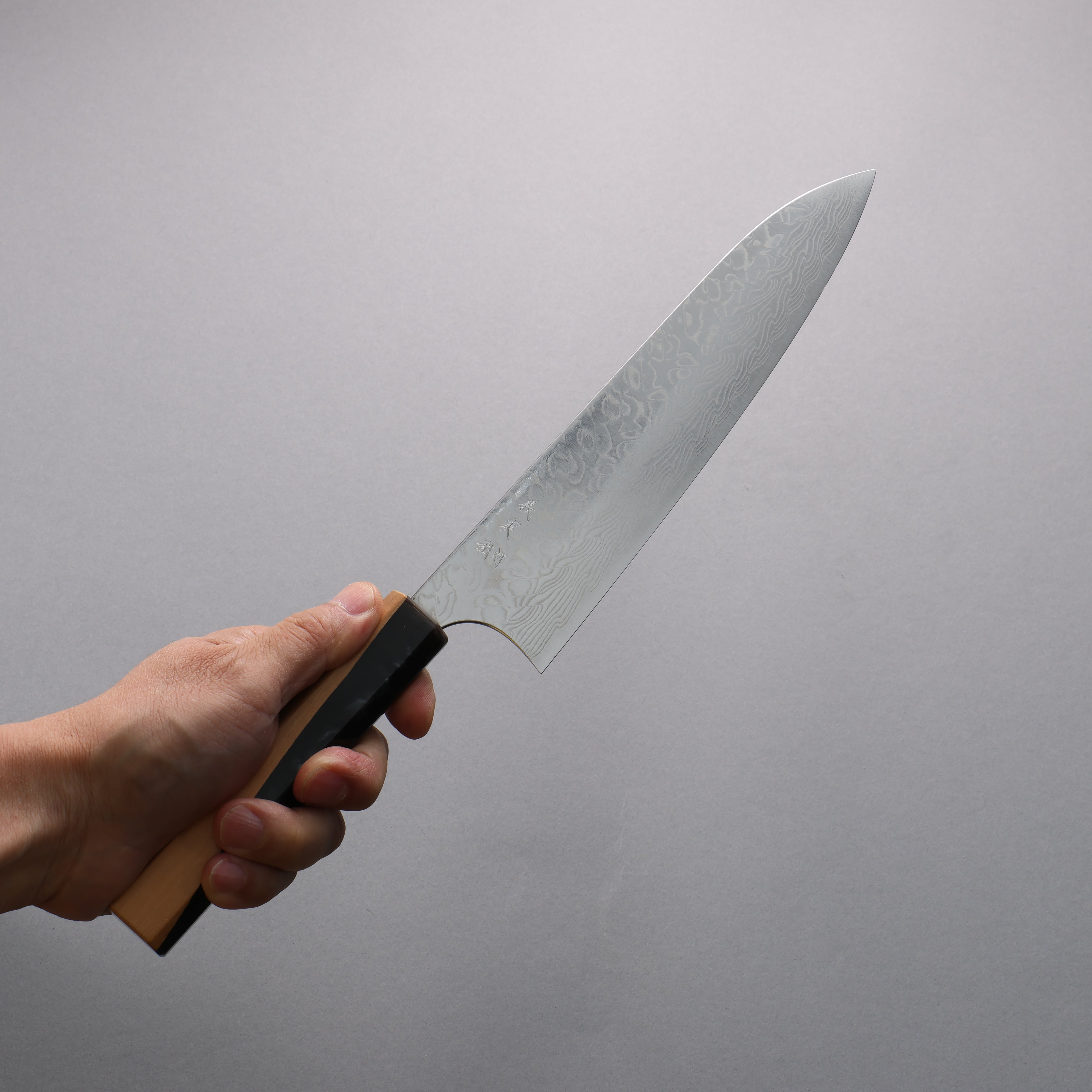 Yoshimi Kato SG2 Damascus Migaki Finished Gyuto  210mm Olive Tree and Black/White Marble Resin Handle - Seisuke Knife