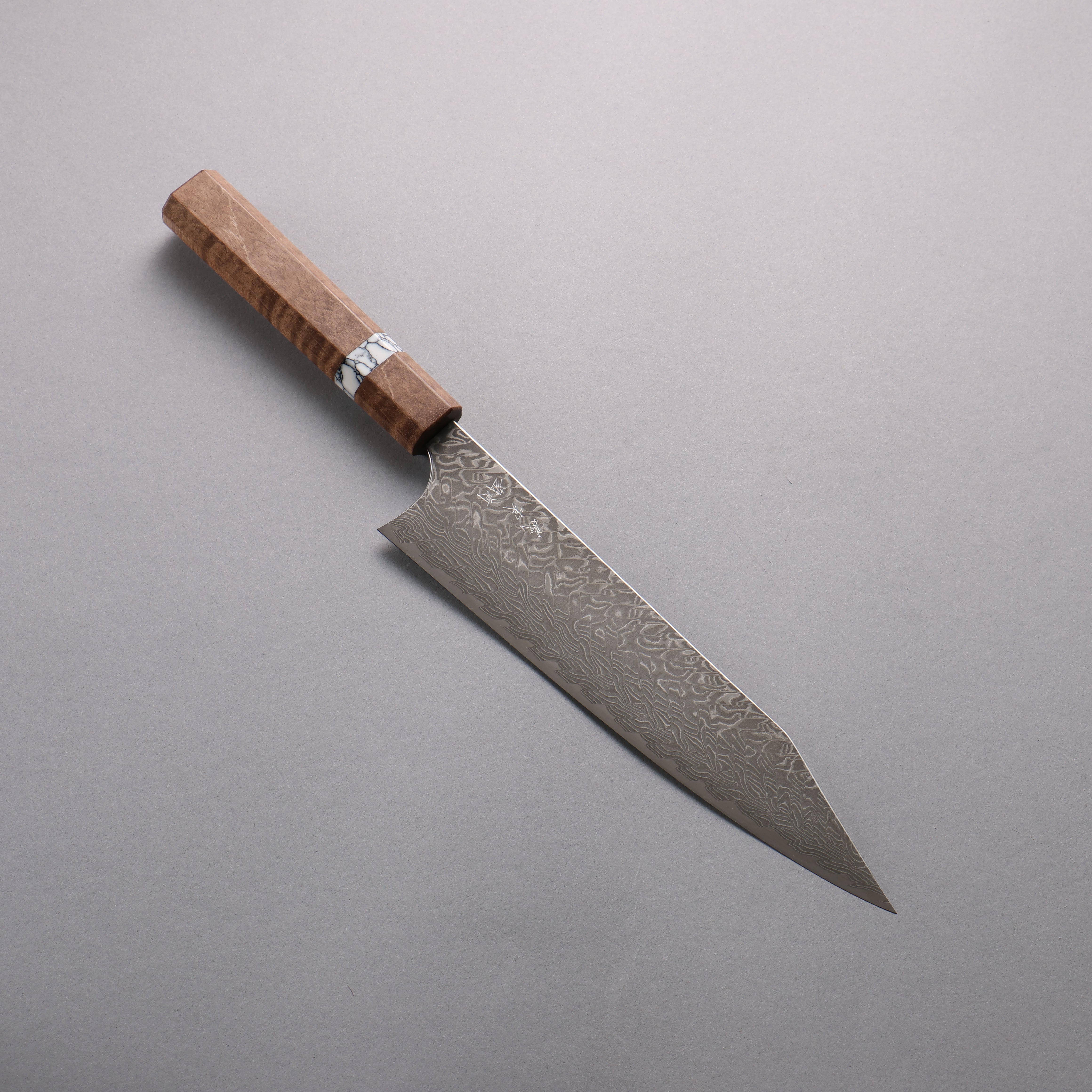 Yoshimi Kato SG2 Black Damascus Kiritsuke Gyuto  210mm Brown Stabilized Wood (White turquoise Ring) Handle - Seisuke Knife