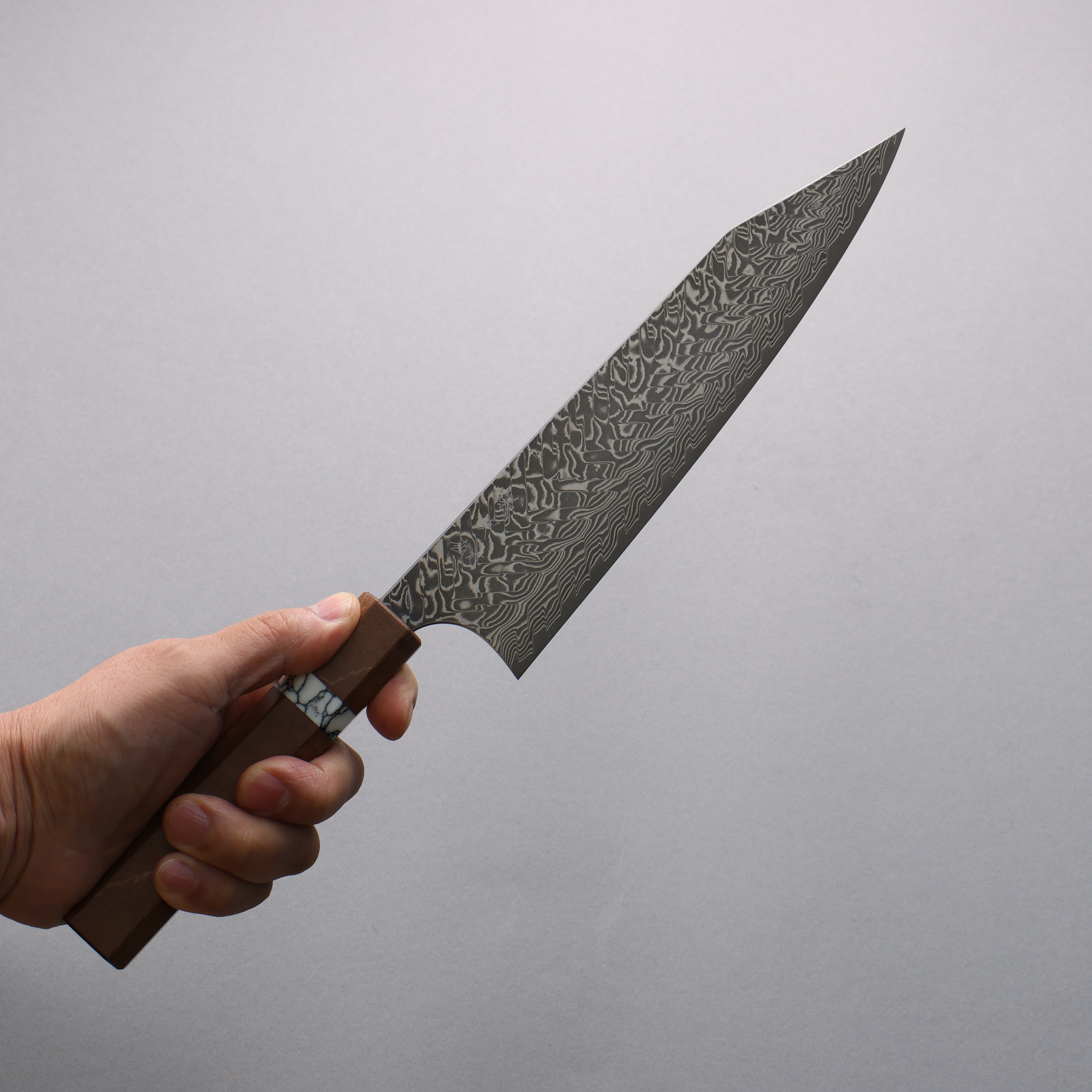 Yoshimi Kato SG2 Black Damascus Kiritsuke Gyuto  210mm Brown Stabilized Wood (White turquoise Ring) Handle - Seisuke Knife