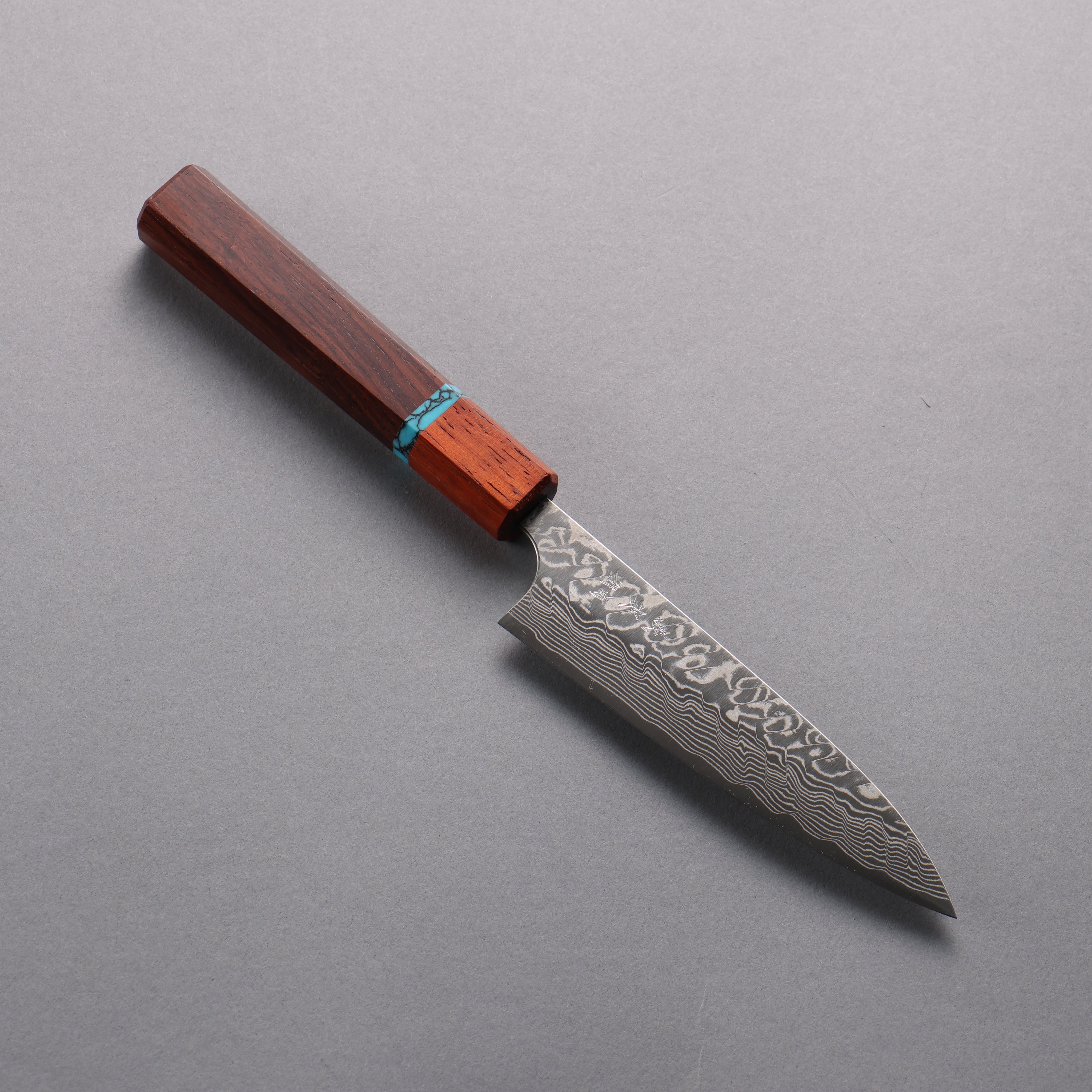 Yoshimi Kato SG2 Damascus Migaki Polish Finish Petty-Utility  120mm Rosewood (Turquoise Ring) Handle - Seisuke Knife