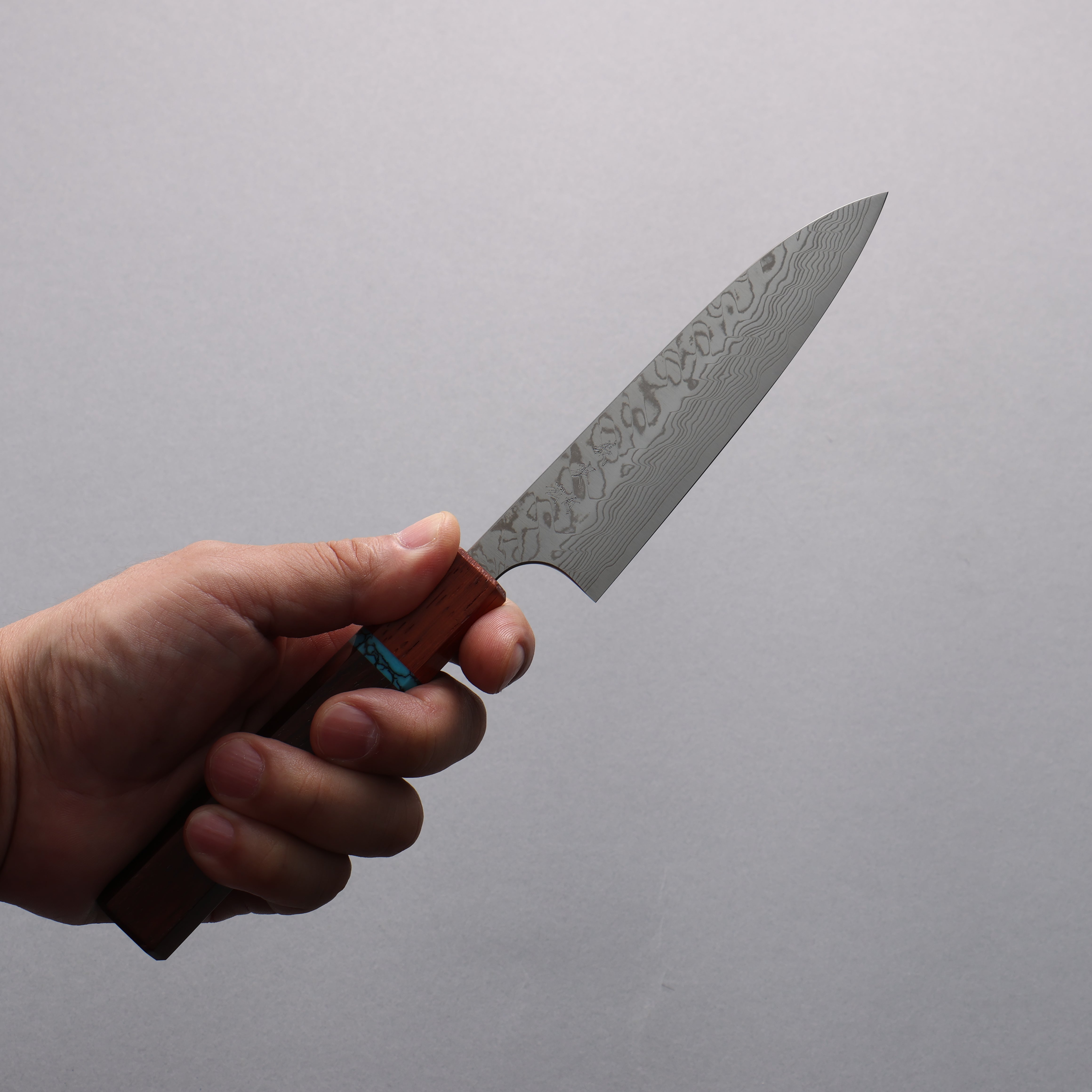 Yoshimi Kato SG2 Damascus Migaki Polish Finish Petty-Utility  120mm Rosewood (Turquoise Ring) Handle - Seisuke Knife