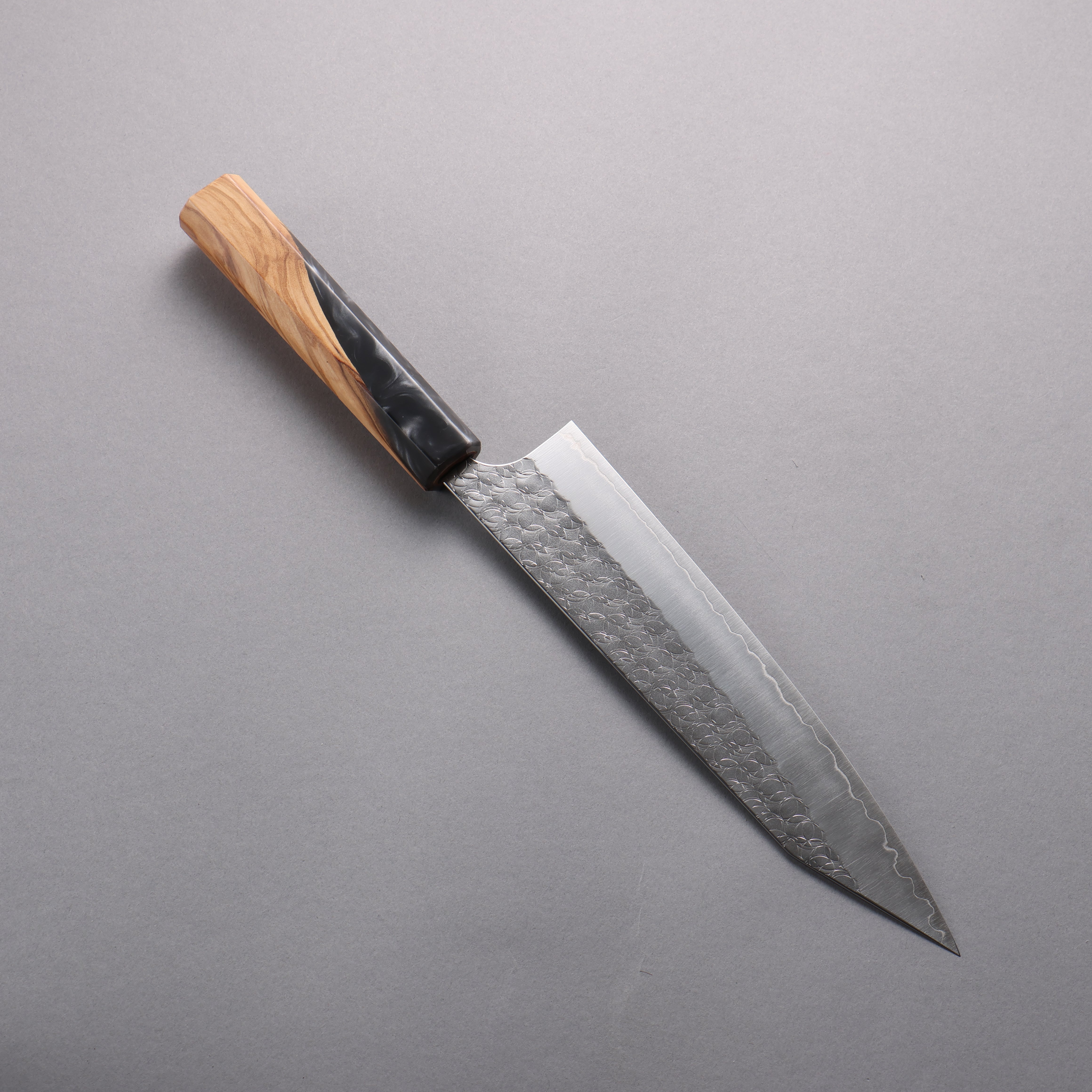Yoshimi Kato Minamo SG2 Hammered Kiritsuke Gyuto  210mm Olive Tree and Black/White Marble Resin Handle - Seisuke Knife