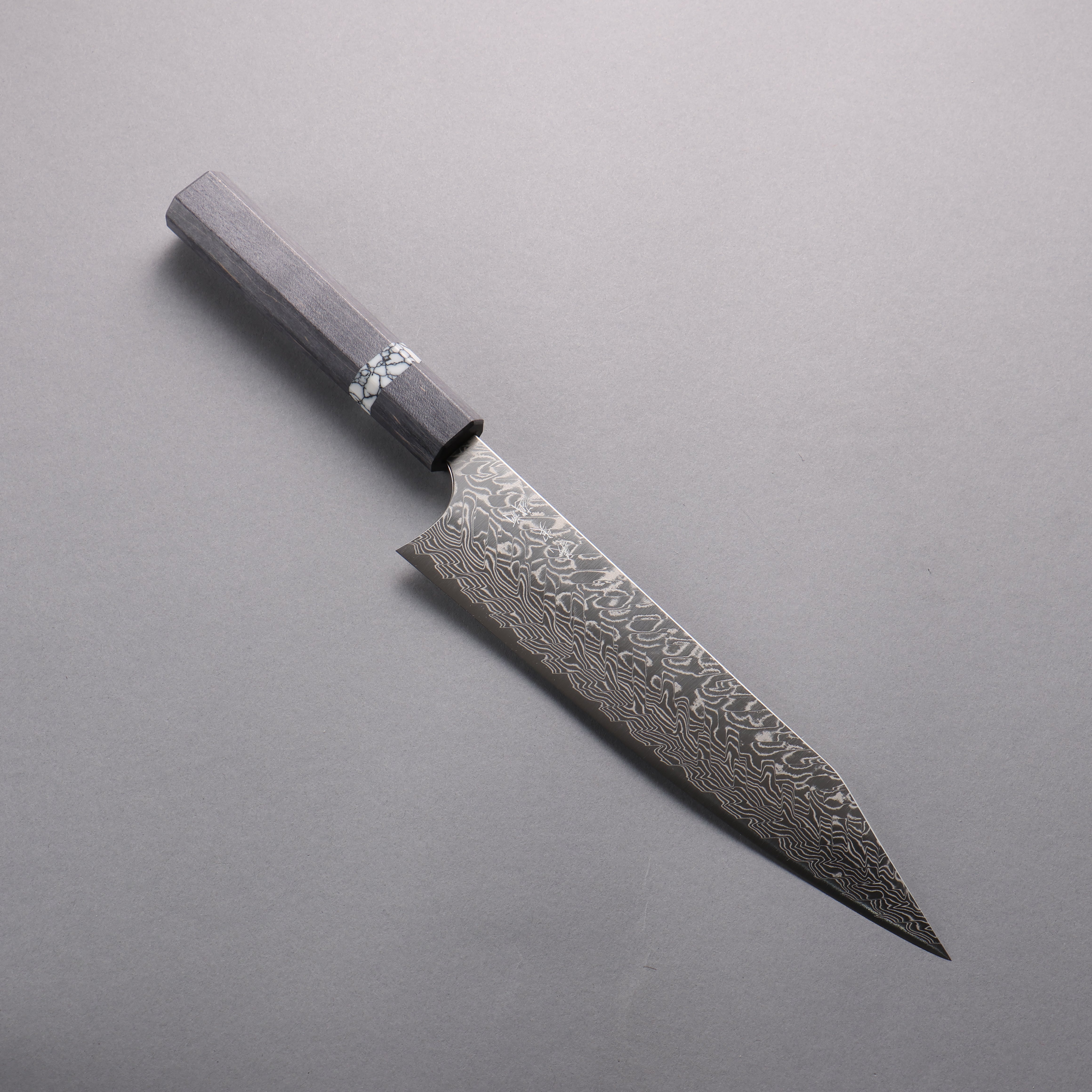 Yoshimi Kato SG2 Damascus Migaki Polish Finish Kiritsuke Gyuto  210mm Gray Stabilized Wood (White turquoise Ring) Handle - Seisuke Knife