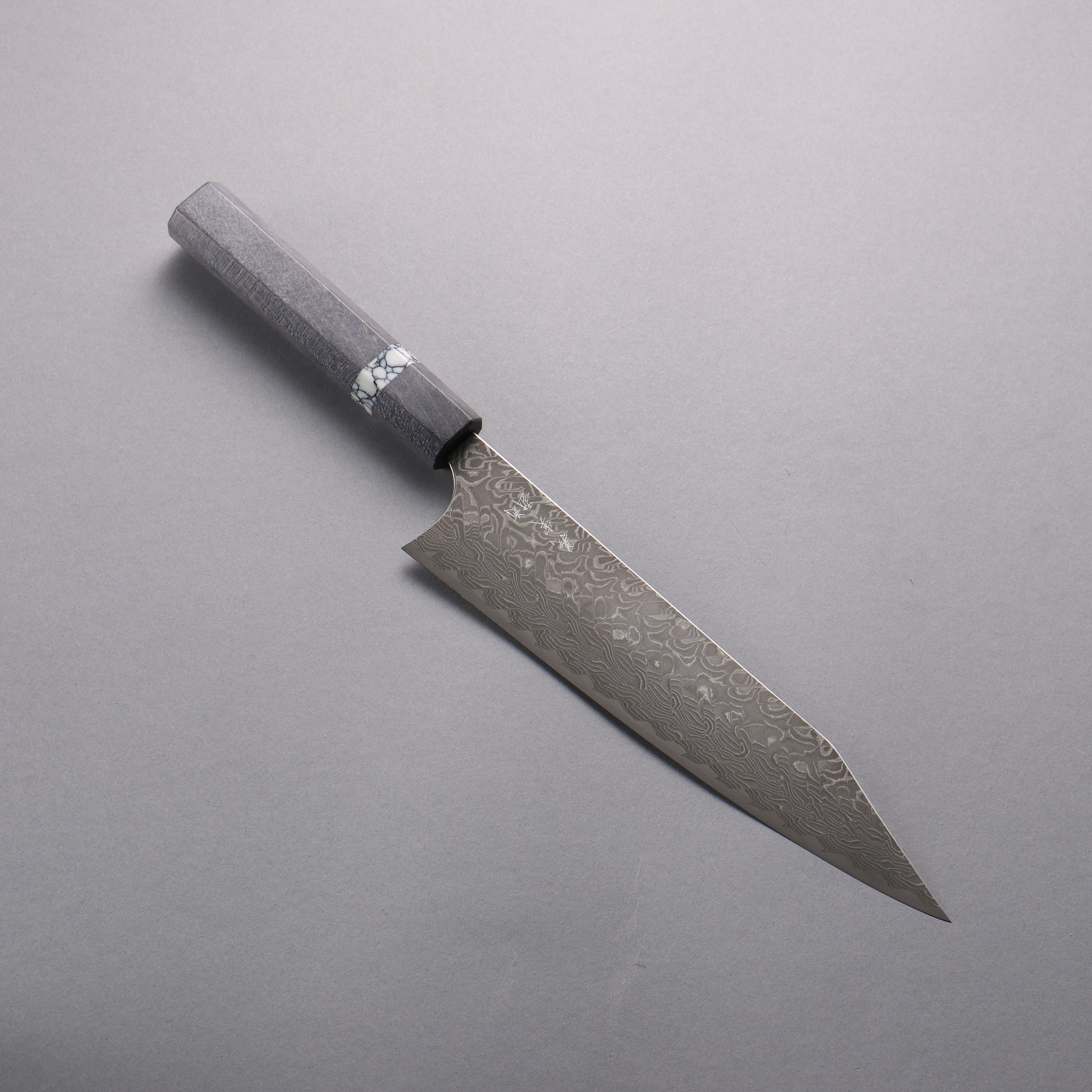 Yoshimi Kato SG2 Black Damascus Kiritsuke Gyuto  210mm Gray Stabilized Wood (White turquoise Ring) Handle - Seisuke Knife