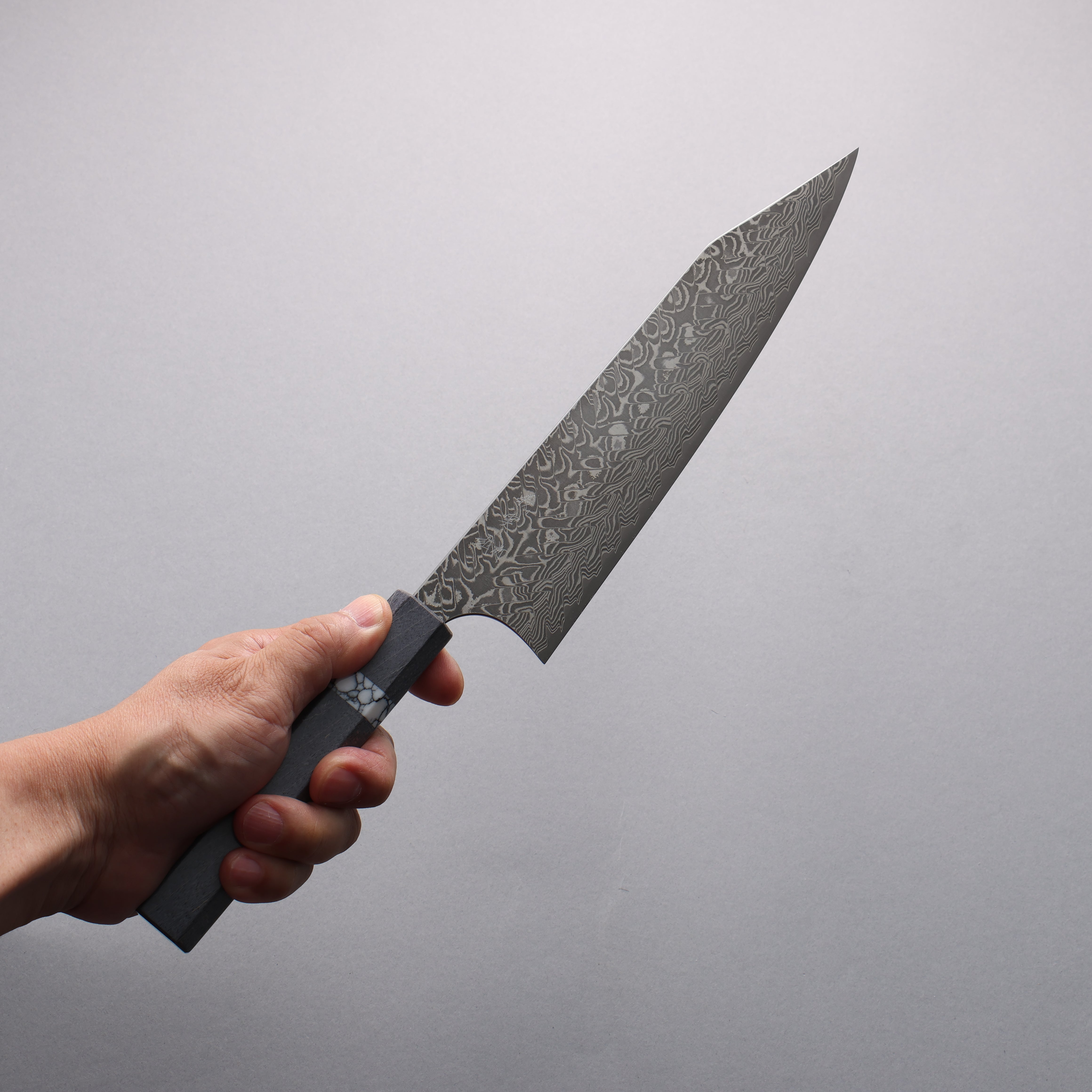Yoshimi Kato SG2 Black Damascus Kiritsuke Gyuto  210mm Gray Stabilized Wood (White turquoise Ring) Handle - Seisuke Knife