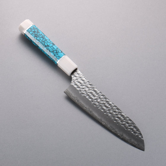 Yu Kurosaki Senko Ryu SG2 Hammered Santoku  170mm Turquoise(With Double White Ring) Handle - Seisuke Knife