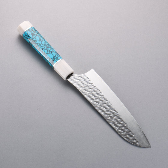 Yu Kurosaki Senko Ryu SG2 Hammered Santoku  170mm Turquoise(With Double White Ring) Handle - Seisuke Knife