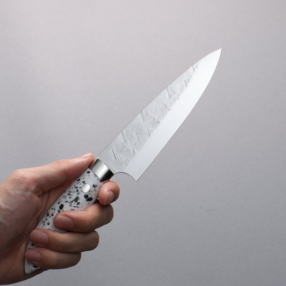 Takeshi Saji New Nomura Style SRS13 Hammered Petty-Utility  130mm White Terrazzo Handle - Seisuke Knife