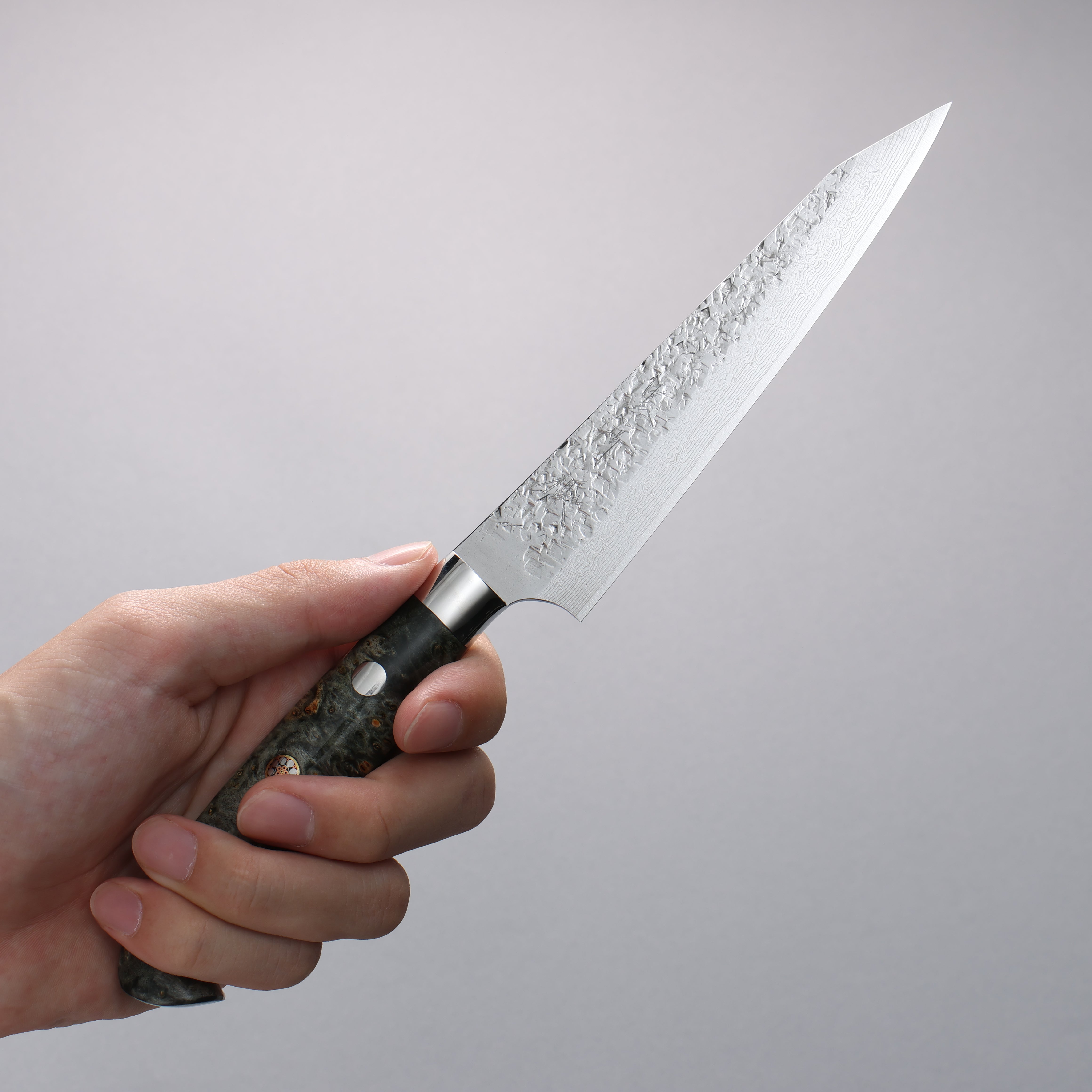Yu Kurosaki Shizuku SG2 Hammered Damascus Kiritsuke Petty-Utility  130mm Gray Stablilized Wood Handle - Seisuke Knife