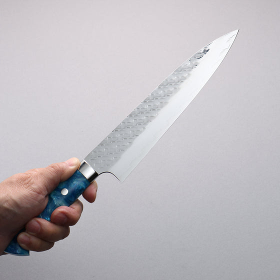 Takeshi Saji SPG STRIX Hammered Migaki Finished Gyuto  210mm Blue and White Acrylic Handle - Seisuke Knife