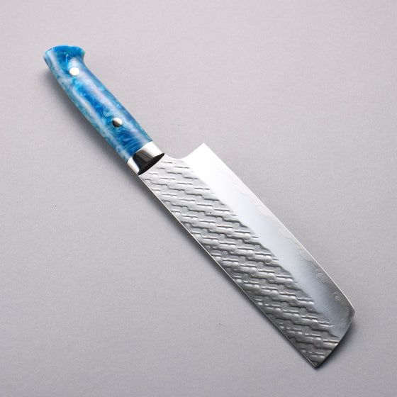 Takeshi Saji SPG STRIX Hammered Migaki Finished Nakiri  165mm Blue and White Acrylic Handle - Seisuke Knife