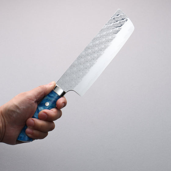 Takeshi Saji SPG STRIX Hammered Migaki Finished Nakiri  165mm Blue and White Acrylic Handle - Seisuke Knife