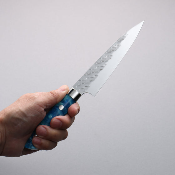 Takeshi Saji SPG STRIX Hammered Migaki Finished Petty-Utility  130mm Blue and White Acrylic Handle - Seisuke Knife