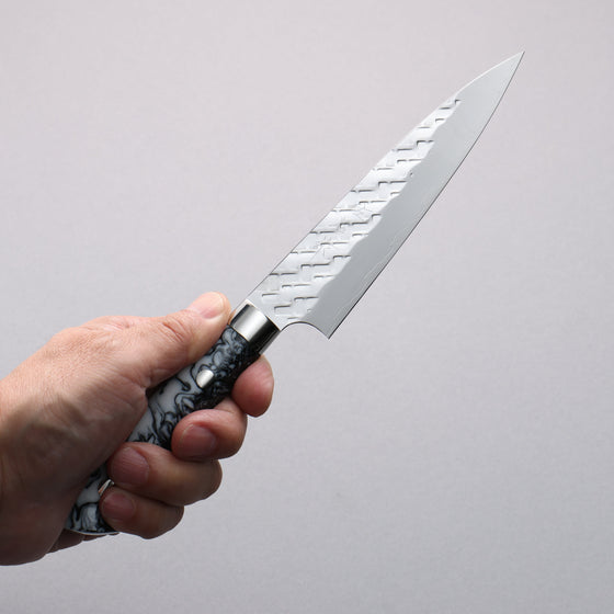 Takeshi Saji SPG STRIX Hammered Migaki Finished Petty-Utility  130mm White and Black Marble Acrylic Handle - Seisuke Knife