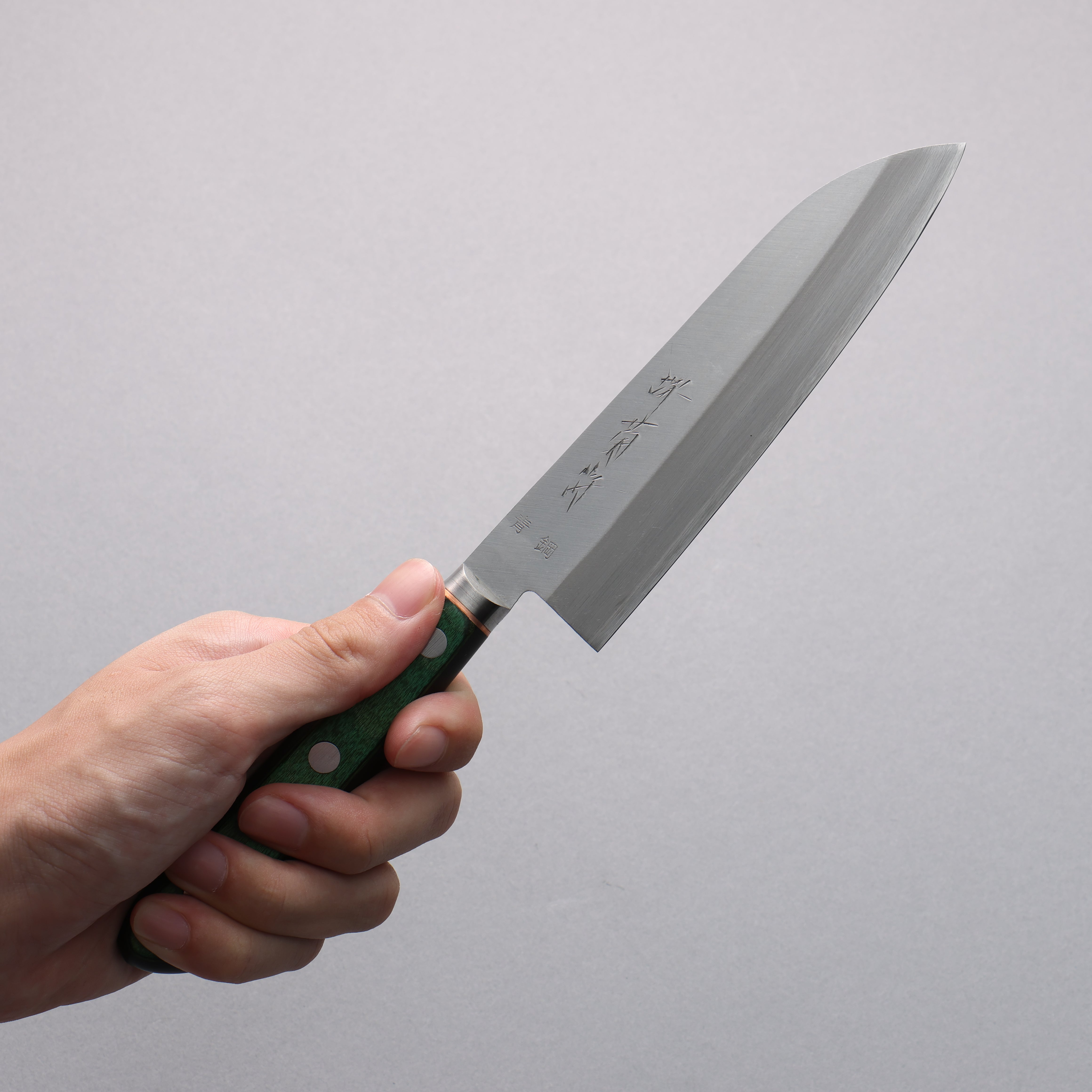 Sakai Kikumori Blue Steel No.1 Small Santoku 140mm Green Pakkawood Han