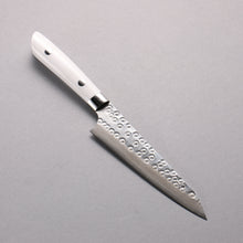  Takeshi Saji SRS13 Damascus Hammered(Maru) Kiritsuke Petty-Utility  130mm White Corian Handle - Seisuke Knife