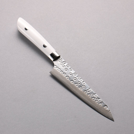 Takeshi Saji SRS13 Damascus Hammered(Maru) Kiritsuke Petty-Utility  130mm White Corian Handle - Seisuke Knife