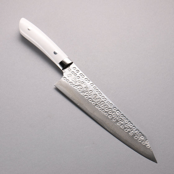 Takeshi Saji SRS13 Damascus Hammered(Maru) Kiritsuke Gyuto  210mm White Corian Handle - Seisuke Knife