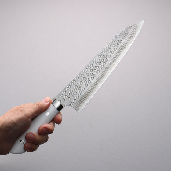 Takeshi Saji SRS13 Damascus Hammered(Maru) Kiritsuke Gyuto  210mm White Corian Handle - Seisuke Knife