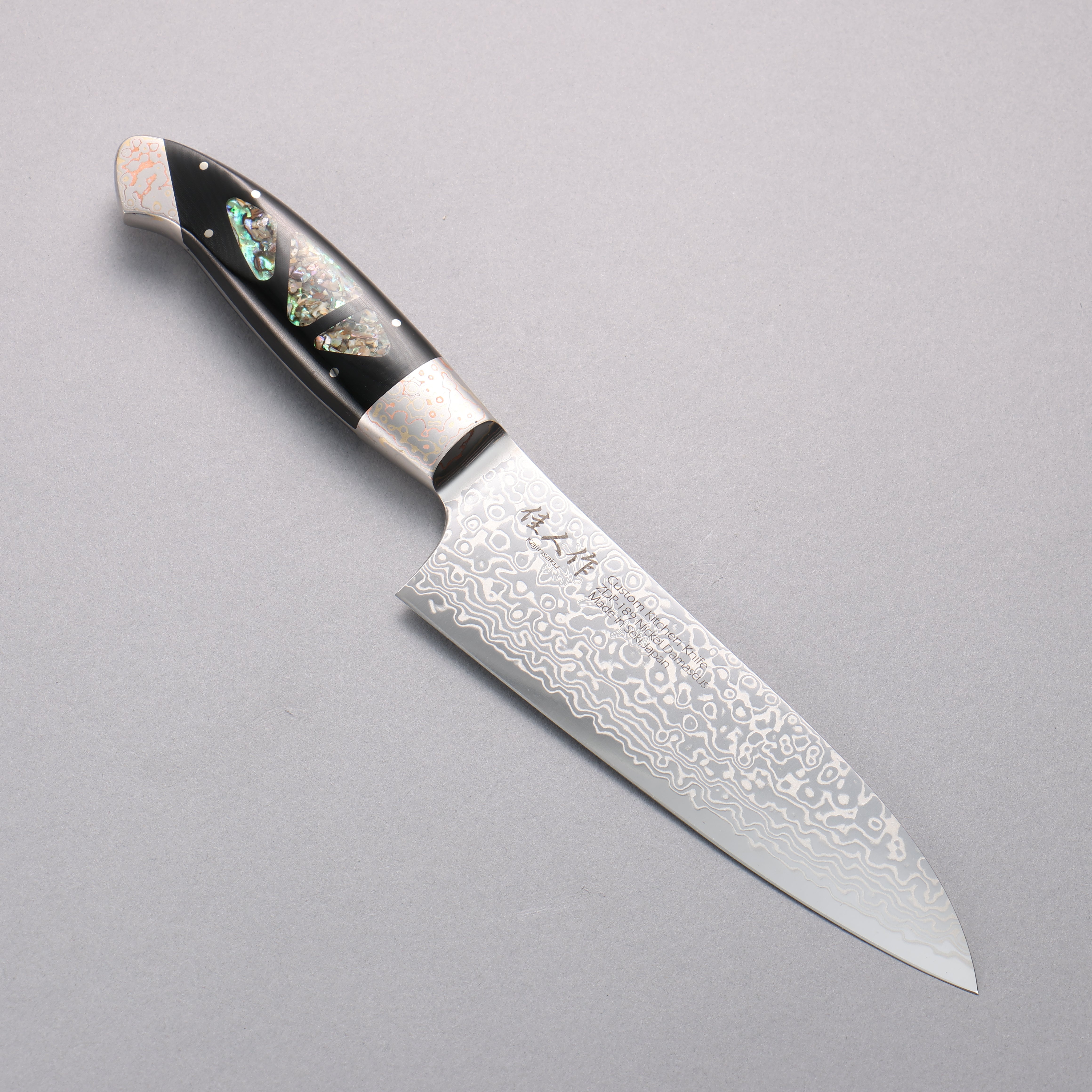 Kajin ZDP189 Damascus Migaki Finished Santoku 165mm Abalone Inlay Hand