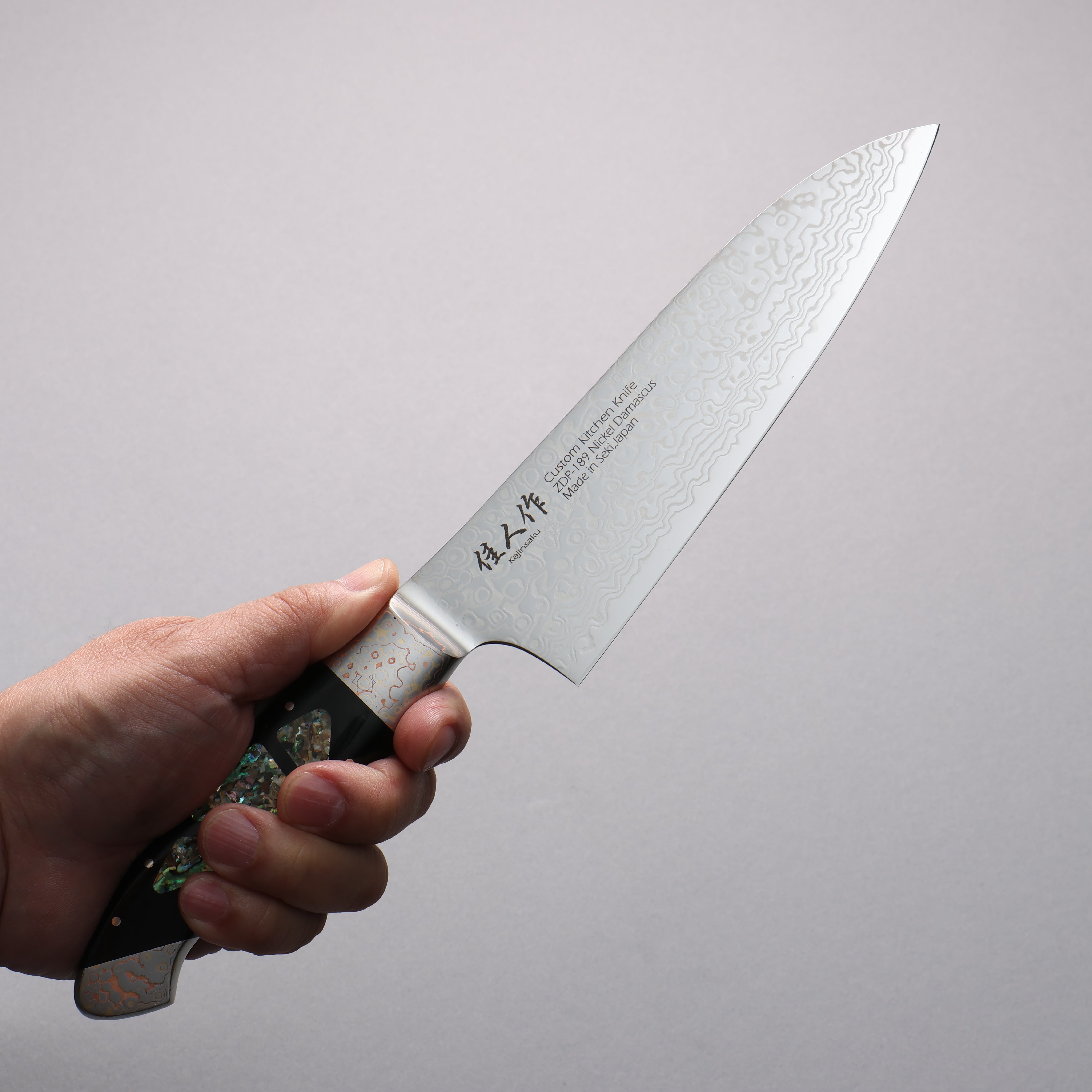 Kajin ZDP189 Damascus Migaki Finished Santoku 165mm Abalone Inlay Hand