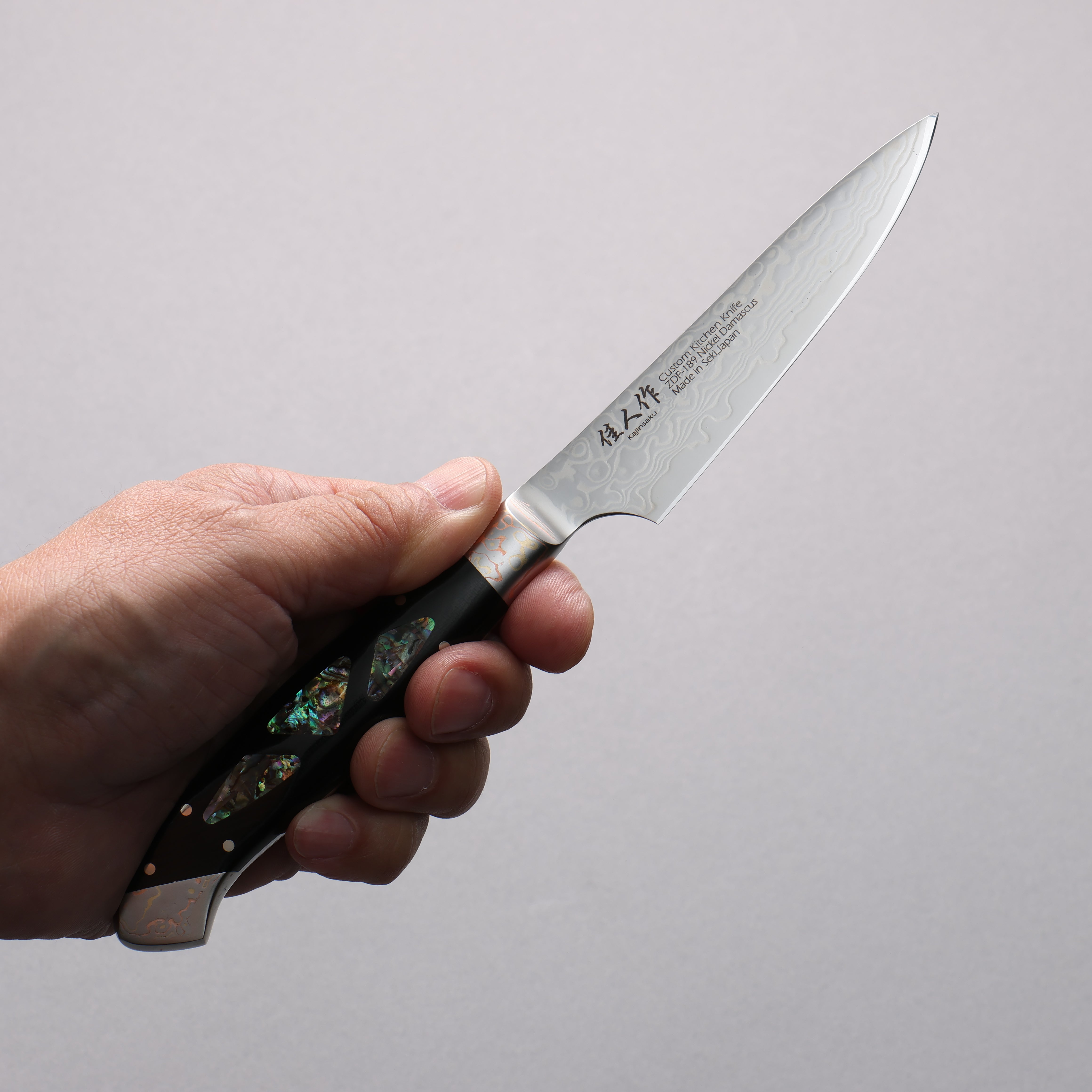 Kajin ZDP189 Damascus Migaki Petty-Utility 95mm Abalone Inlay Handle - Seisuke Knife