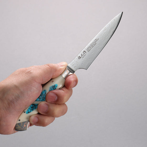 Kajin ZDP189 Damascus Migaki Finished Petty-Utility  95mm Corian with Turquoise Inlay Handle - Seisuke Knife