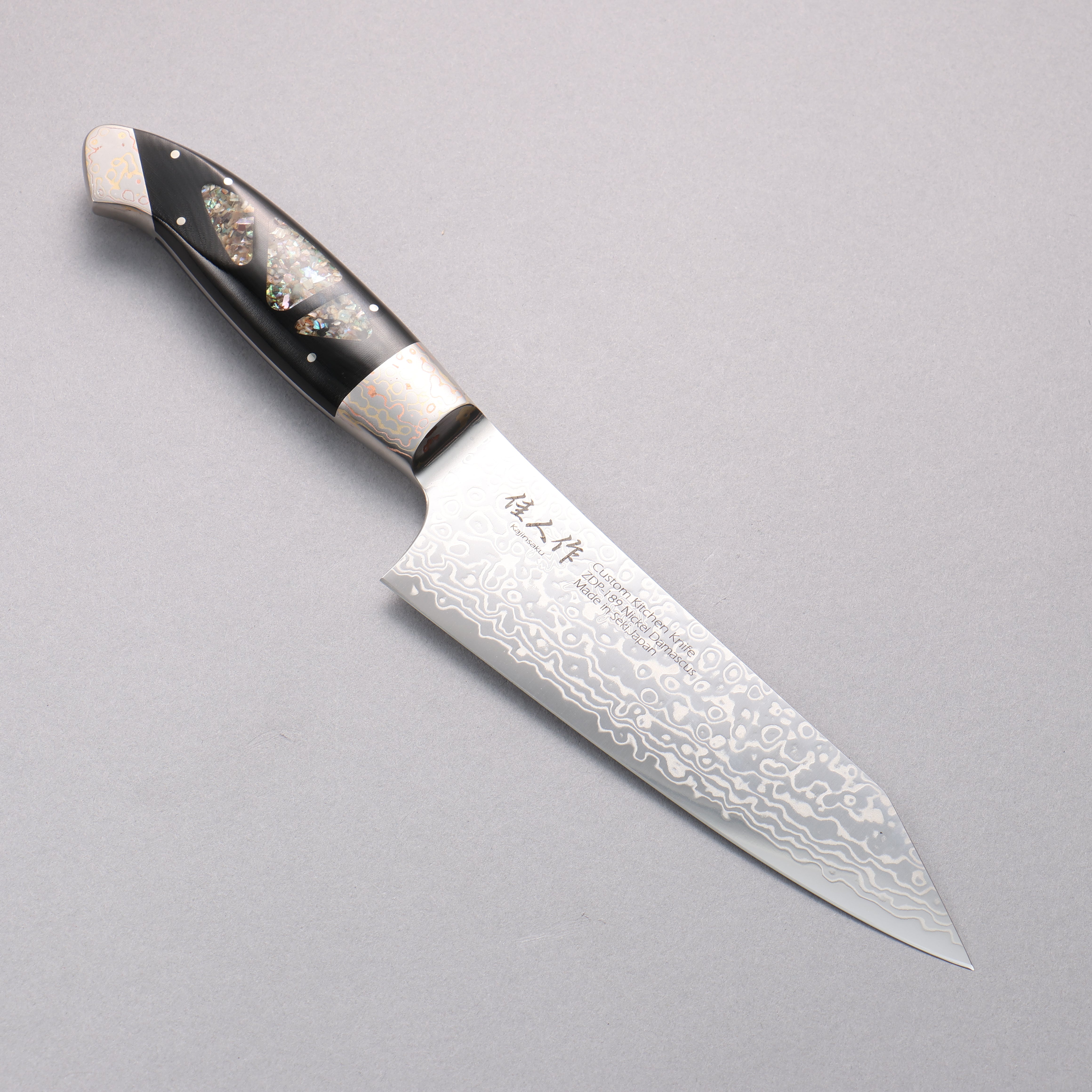 Kajin ZDP189 Damascus Migaki Finished Bunka 165mm Abalone Inlay Handle