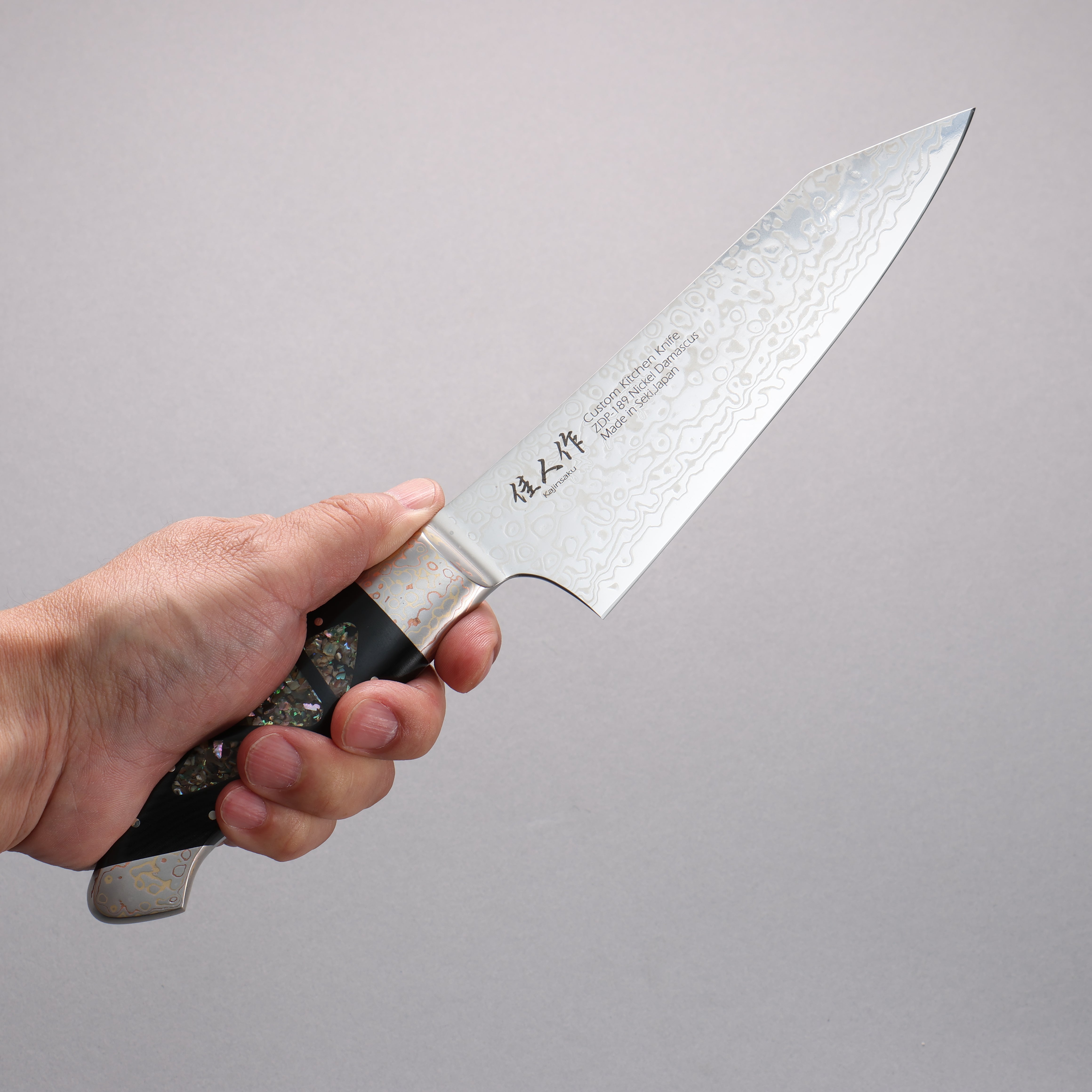 Kajin ZDP189 Damascus Migaki Finished Bunka 165mm Abalone Inlay Handle