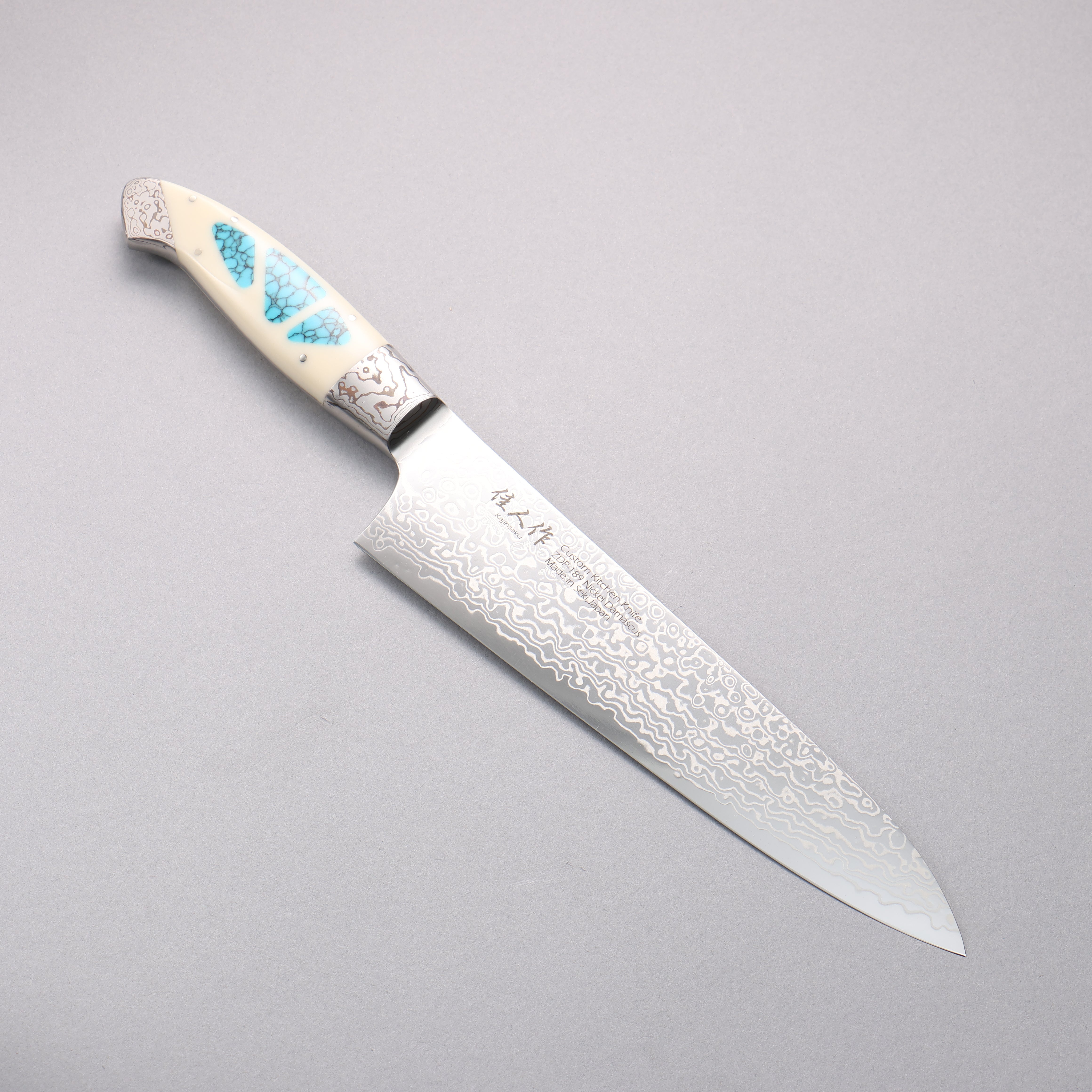Kajin ZDP189 Damascus Migaki Finished Gyuto 210mm Corian & Turquoise Inlay Handle - Seisuke Knife