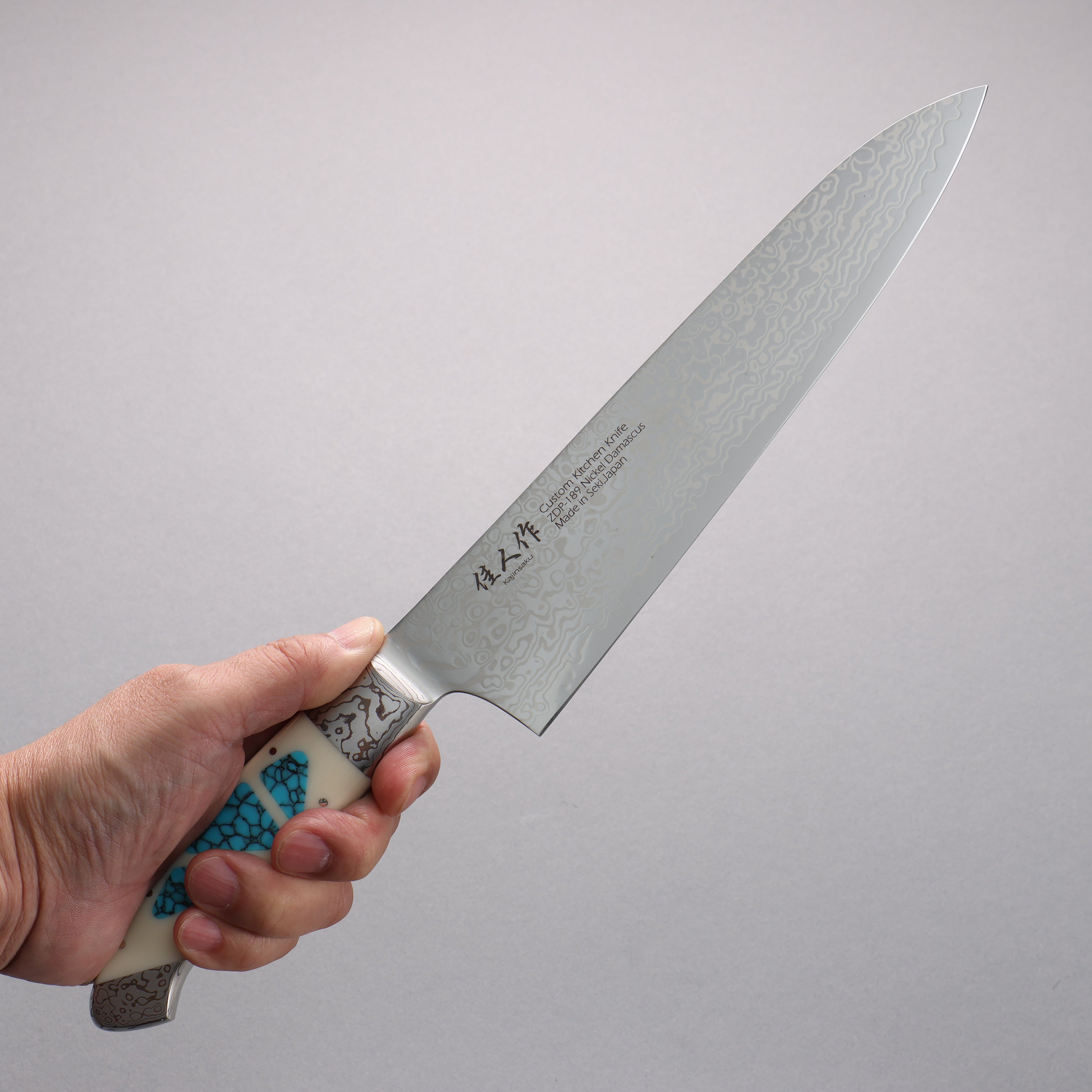 Kajin ZDP189 Damascus Migaki Finished Gyuto 210mm Corian & Turquoise Inlay Handle - Seisuke Knife
