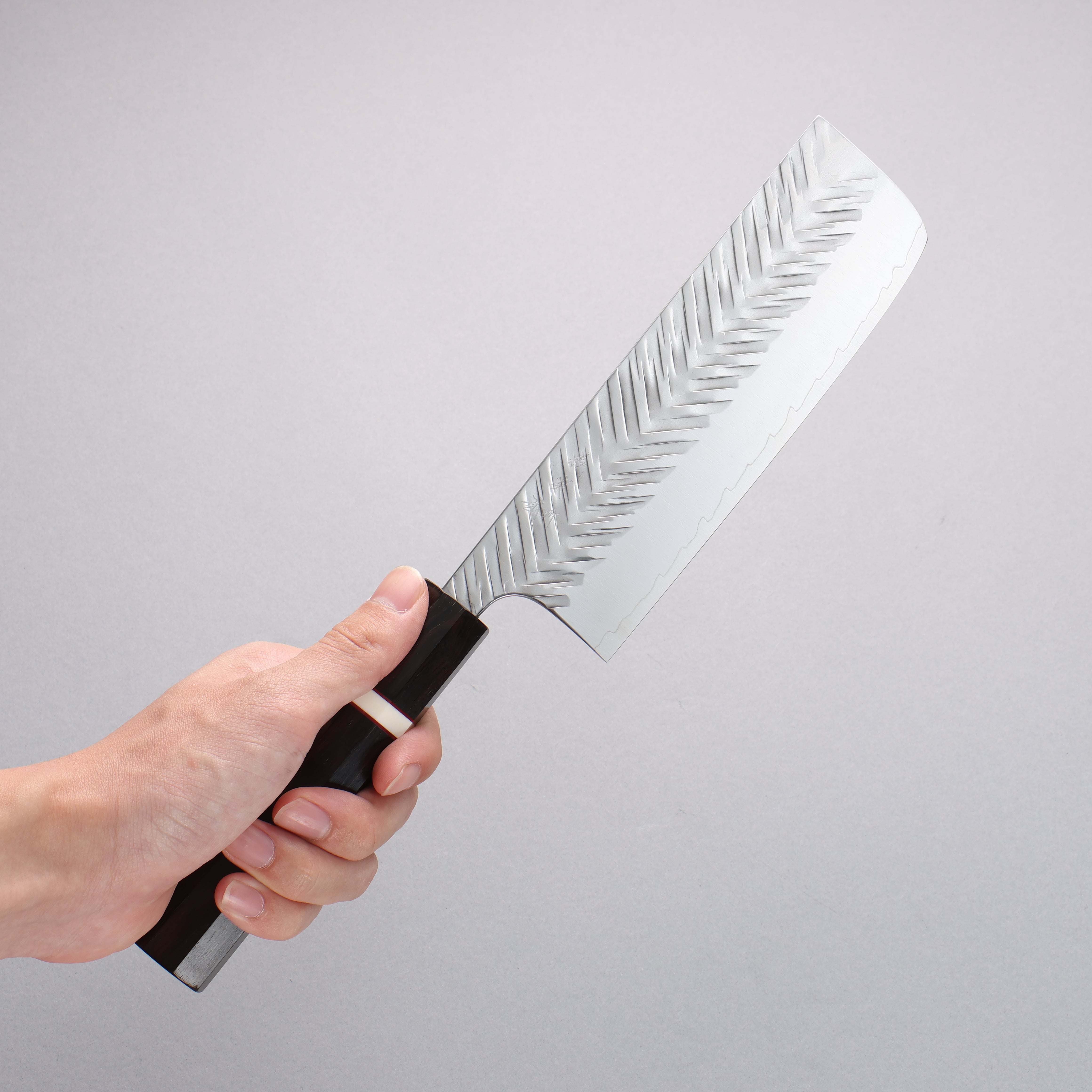 Yoshimi Kato SPG STRIX V-Hammered Nakiri 165mm Ebony Wood & White Ring Handle - Seisuke Knife