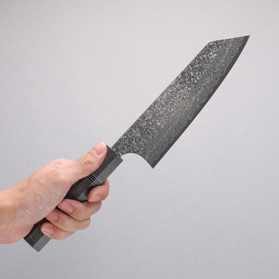 Yoshimi Kato VG10 Black Damascus Bunka  170mm Gray Stablilized Wood (Black and White Rings) Handle - Seisuke Knife