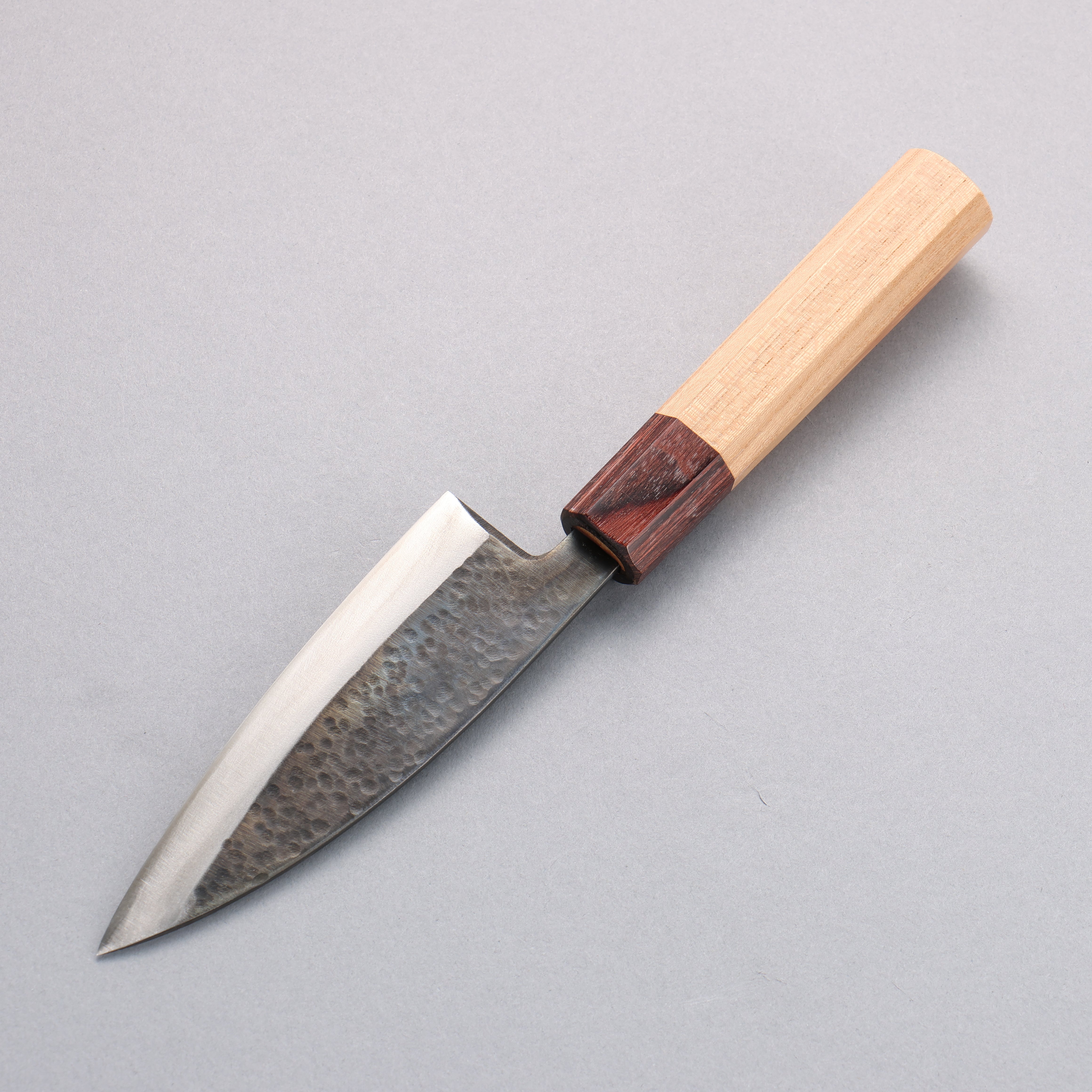 Fukube Shinbu Magomitsu Blue Steel No.2 Hammered Kurouchi Deba 120mm Keyaki Elm Handle - Seisuke Knife