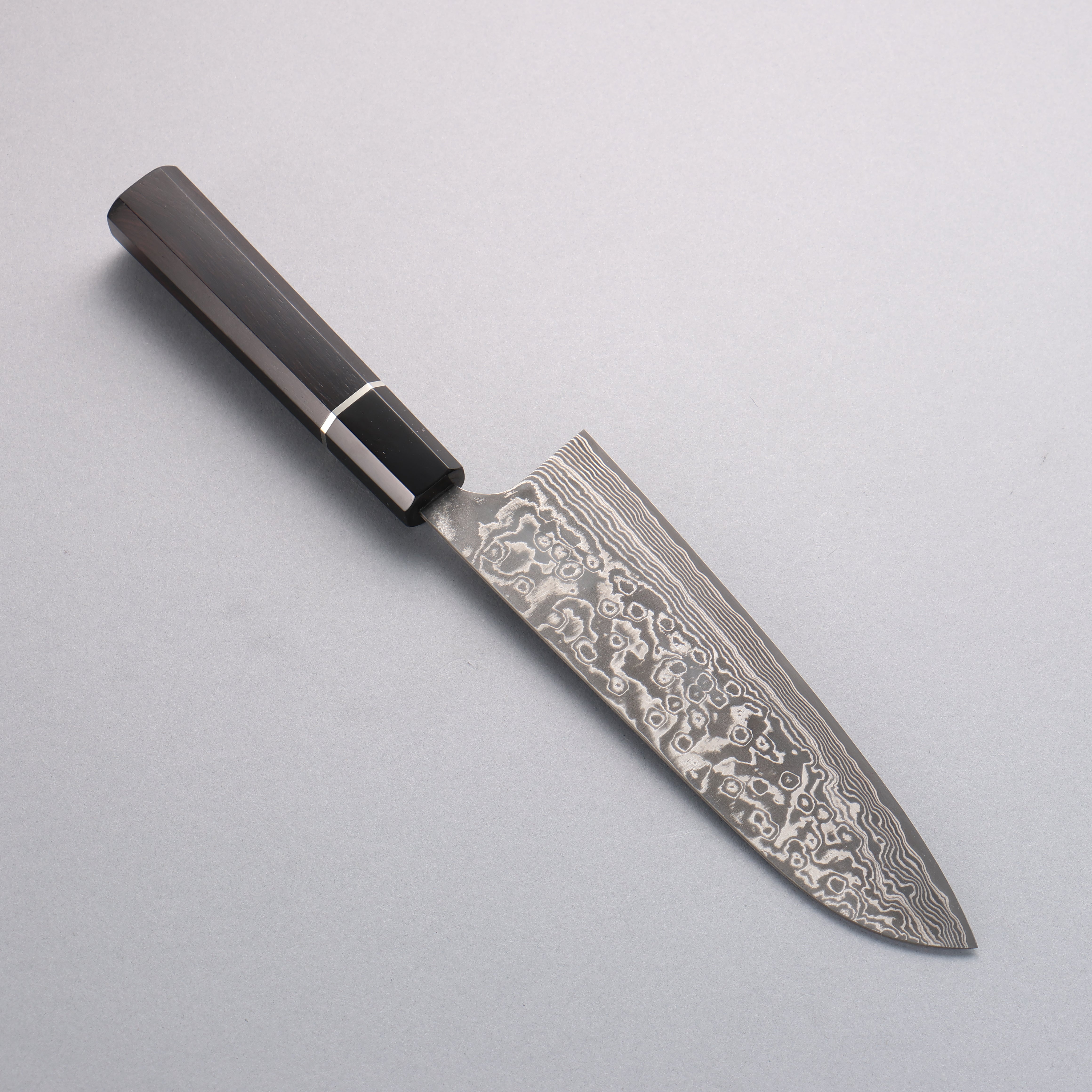 Takeshi Saji SG2 Black Damascus Santoku 180mm Ebony Wood (with Silver Ring) Handle - Seisuke Knife