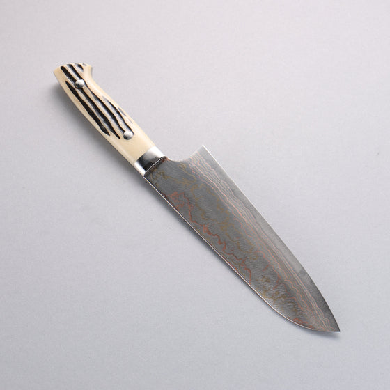 Takeshi Saji Blue Steel No.2 Colored Damascus Santoku  180mm White Deer Horn Handle - Seisuke Knife