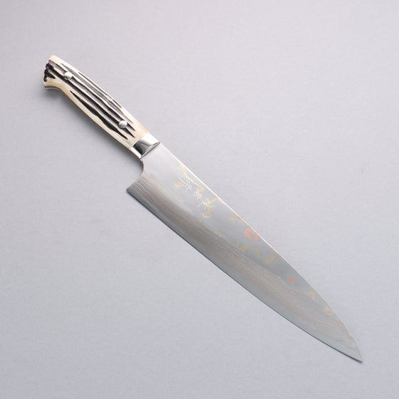 Takeshi Saji Blue Steel No.2 Colored Damascus Gyuto  240mm White Deer Horn Handle - Seisuke Knife