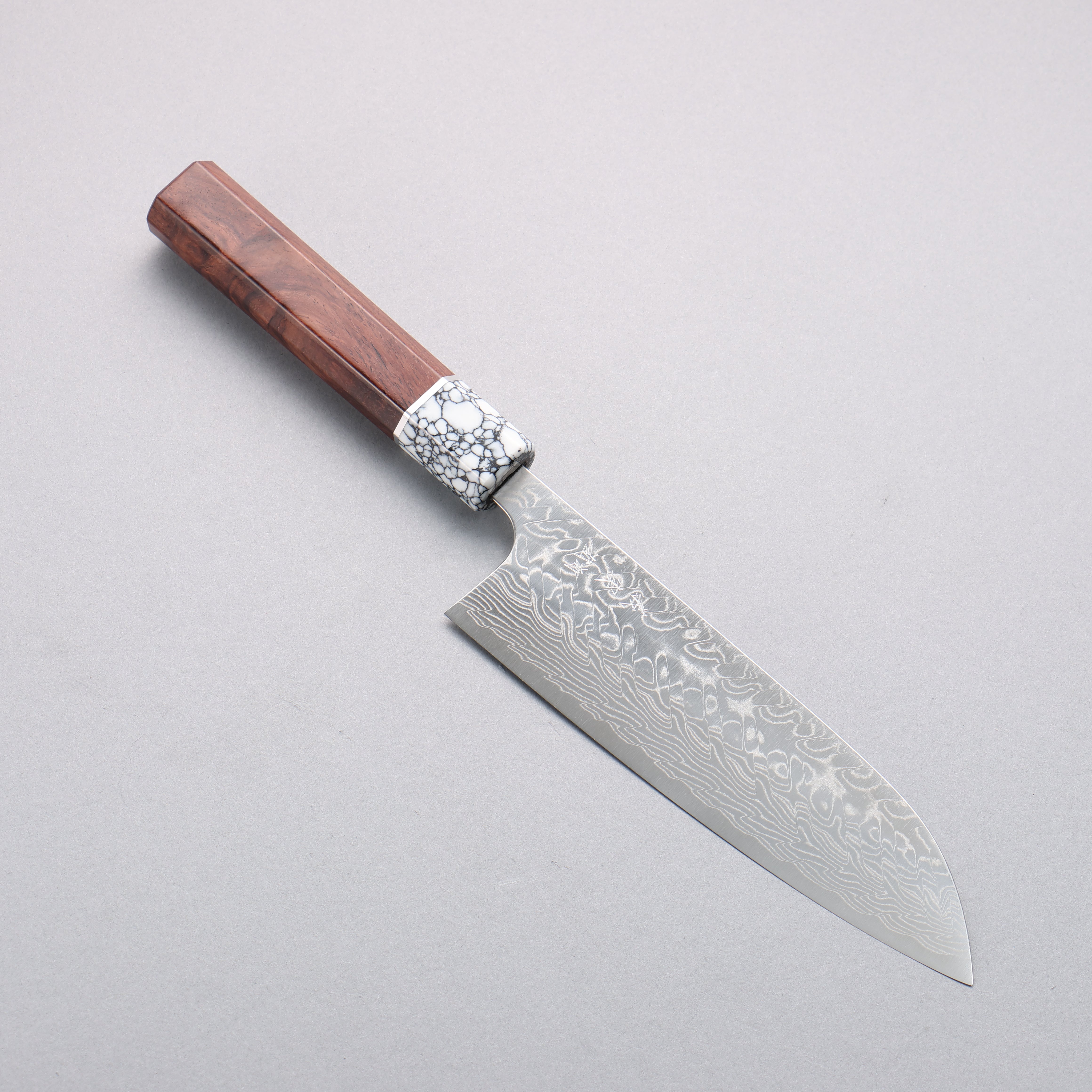 Yoshimi Kato SG2 Damascus Migaki Finished Santoku 170mm Rosewood (Ferrule: White Turquoise) Handle - Seisuke Knife