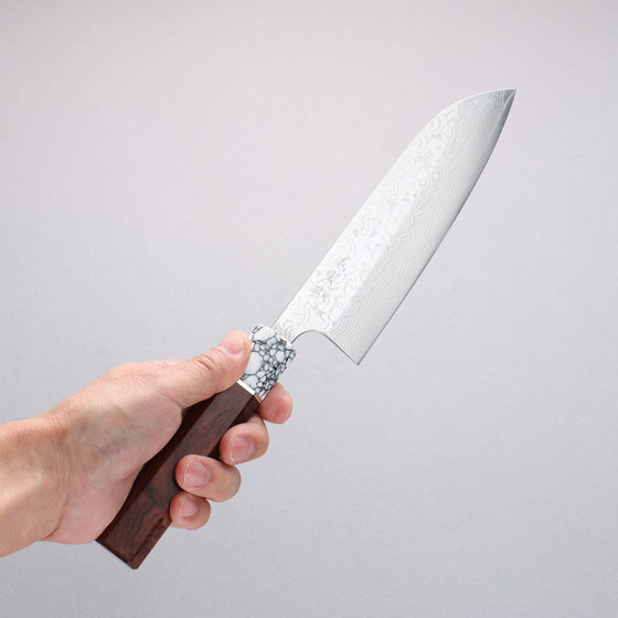 Yoshimi Kato SG2 Damascus Migaki Finished Santoku 170mm Rosewood (Ferrule: White Turquoise) Handle - Seisuke Knife